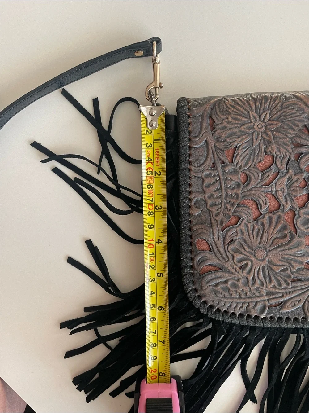 P&G Genuine Leather Tooled Floral Fringe Crossbody Boho Western Bag